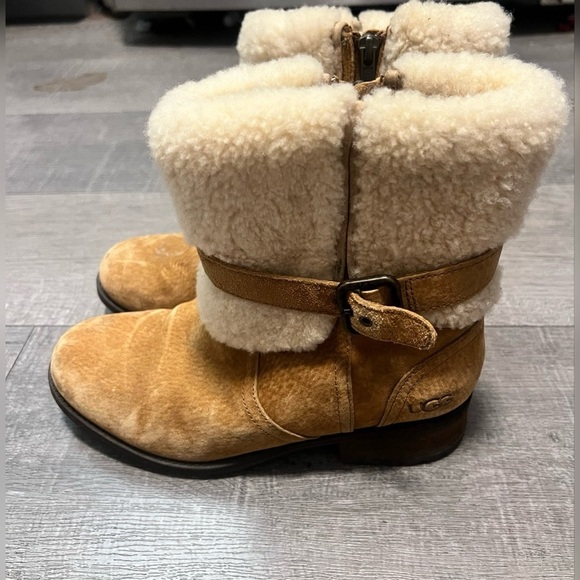 Ugg Womens Blayre Boot Chestnut Suede Block Moto Sherpa Heel Lug Bootie Size 8 - Picture 1 of 6